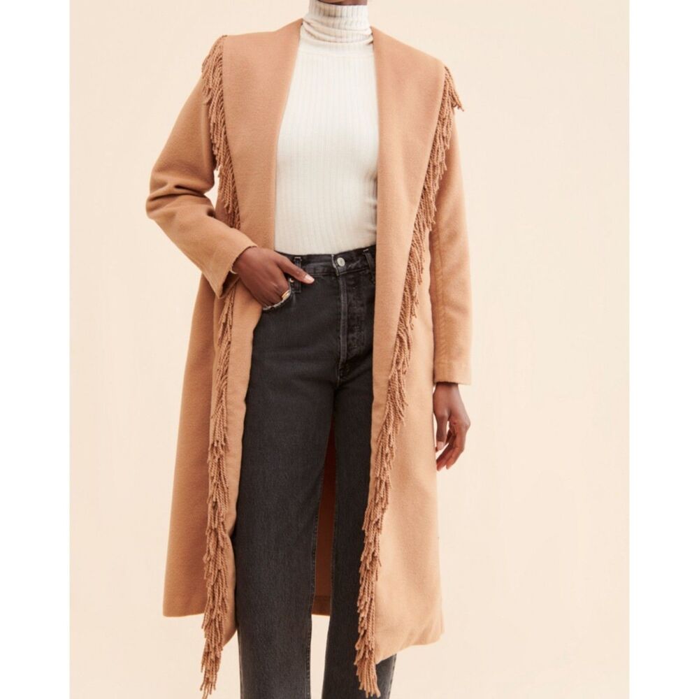 Line & Dot Linda Fringe Coat Camel Wool Blend Western Boho Long Duster
